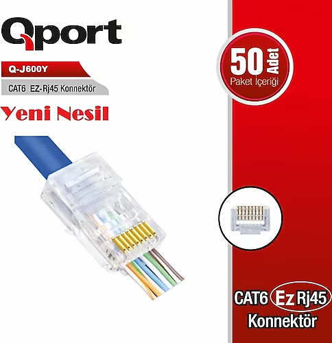 QPORT CAT6 (50Lİ PAKET) EZ-RJ45 YENİ NESİL KONNEKTÖR (Q-J600Y)