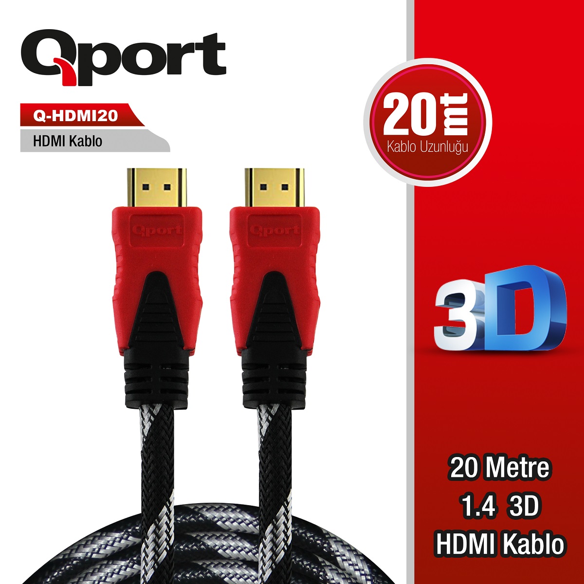 QPORT 20M ALTIN UÇLU HDMI KABLO 1.4V (Q-HDMI20)